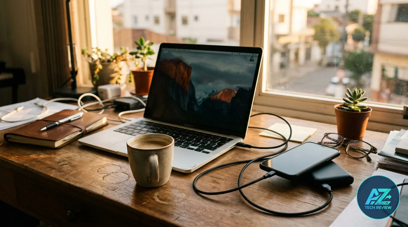 Mesa de madeira iluminada pela luz do sol com notebook aberto, xícara de café, caderno e smartphone conectado a um carregador portátil perto da janela.