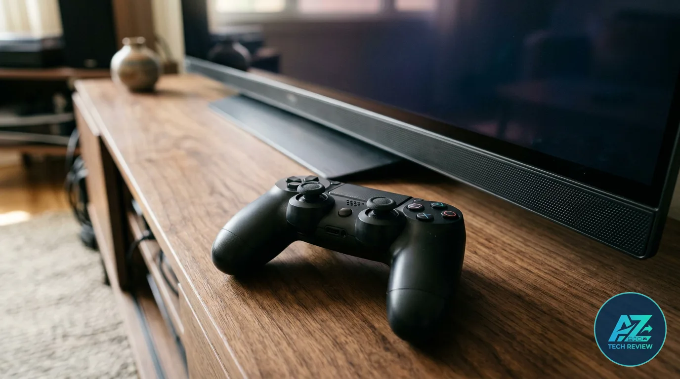 Controle de videogame preto apoiado sobre um móvel de madeira em frente a uma televisão, em ambiente iluminado por luz natural.