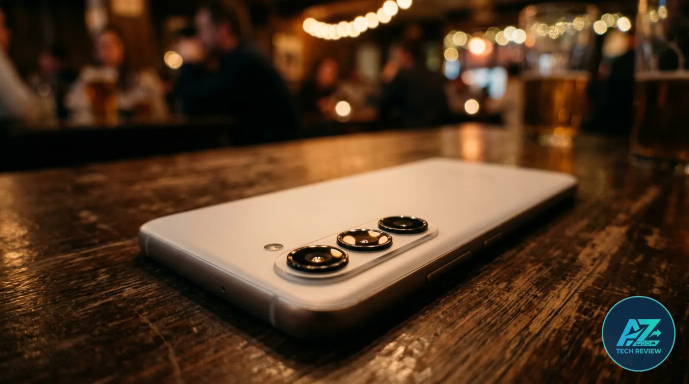 Traseira branca de smartphone com três câmeras apoiada sobre mesa de madeira rústica, com ambiente de bar e luzes quentes desfocadas ao fundo.