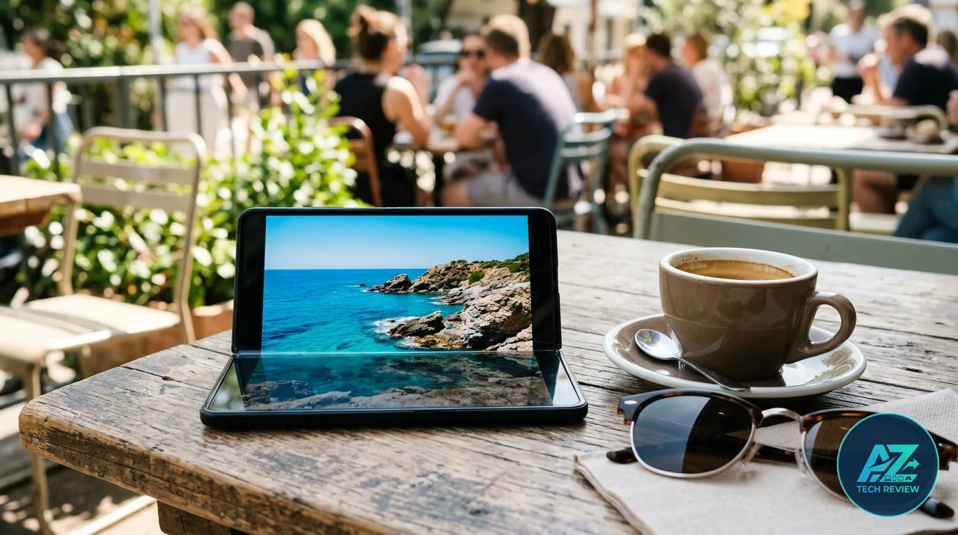 Smartphone dobrável semiaberto sobre mesa de madeira ao lado de xícara de café e óculos de sol em cafeteria externa sob luz natural.