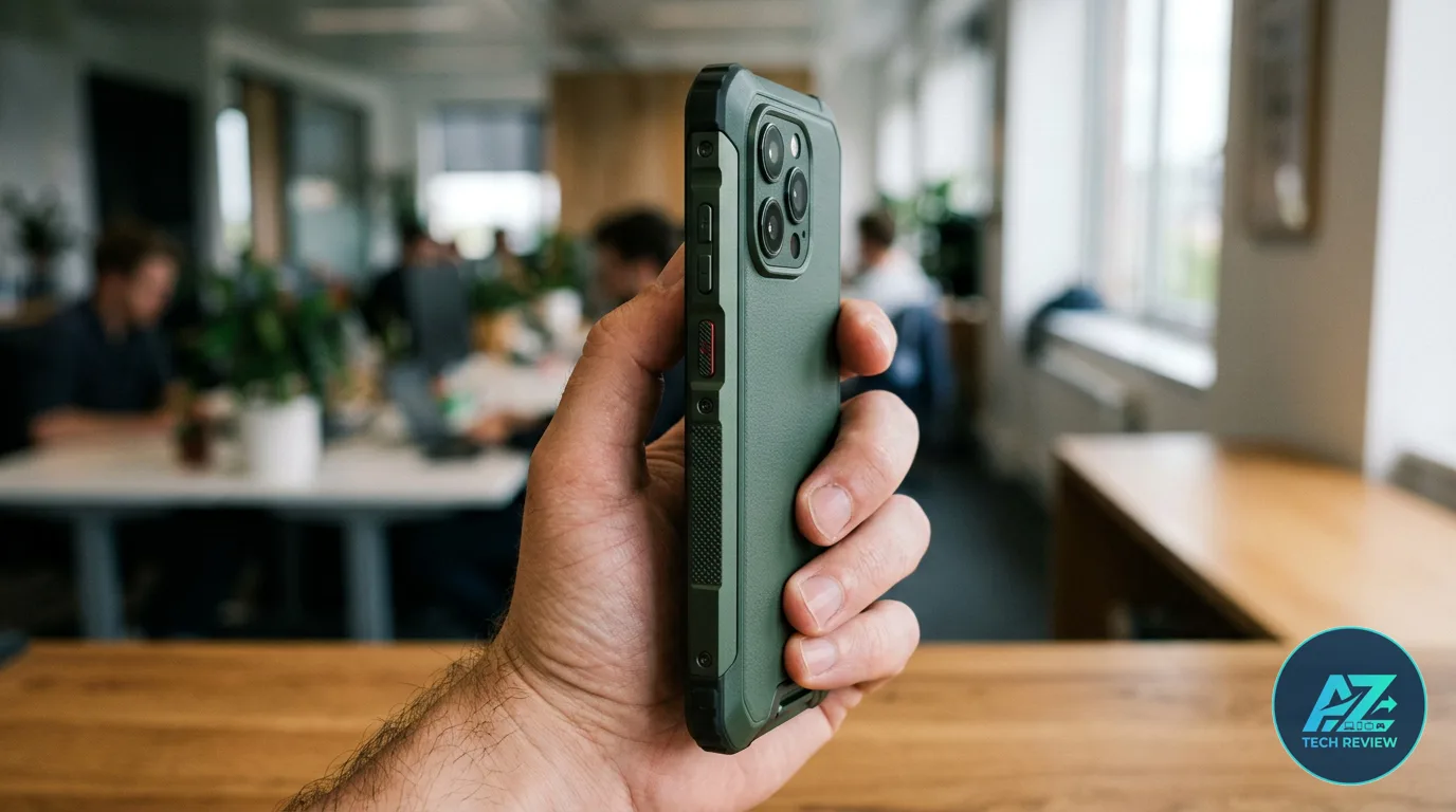Mão segurando smartphone com capa protetora verde e módulo de câmeras visível, em ambiente de escritório iluminado.
