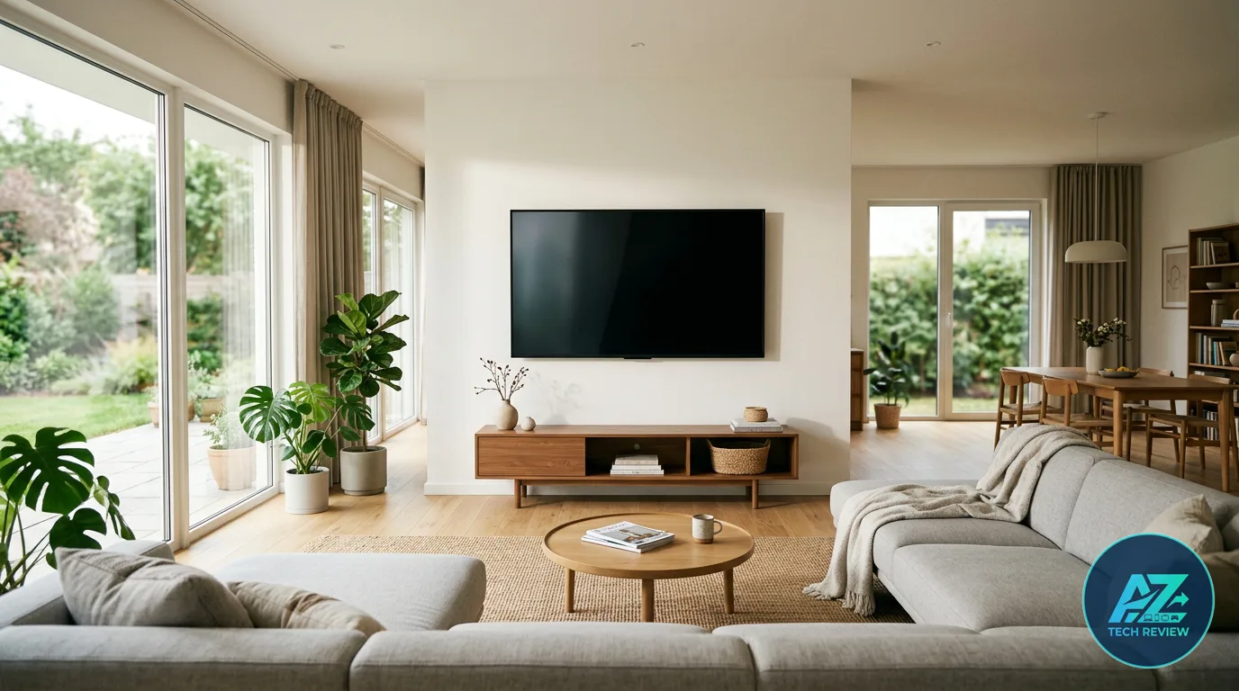 Sala de estar ampla e iluminada com TV desligada fixada na parede sobre rack de madeira, sofá cinza em primeiro plano e portas de vidro para o jardim.
