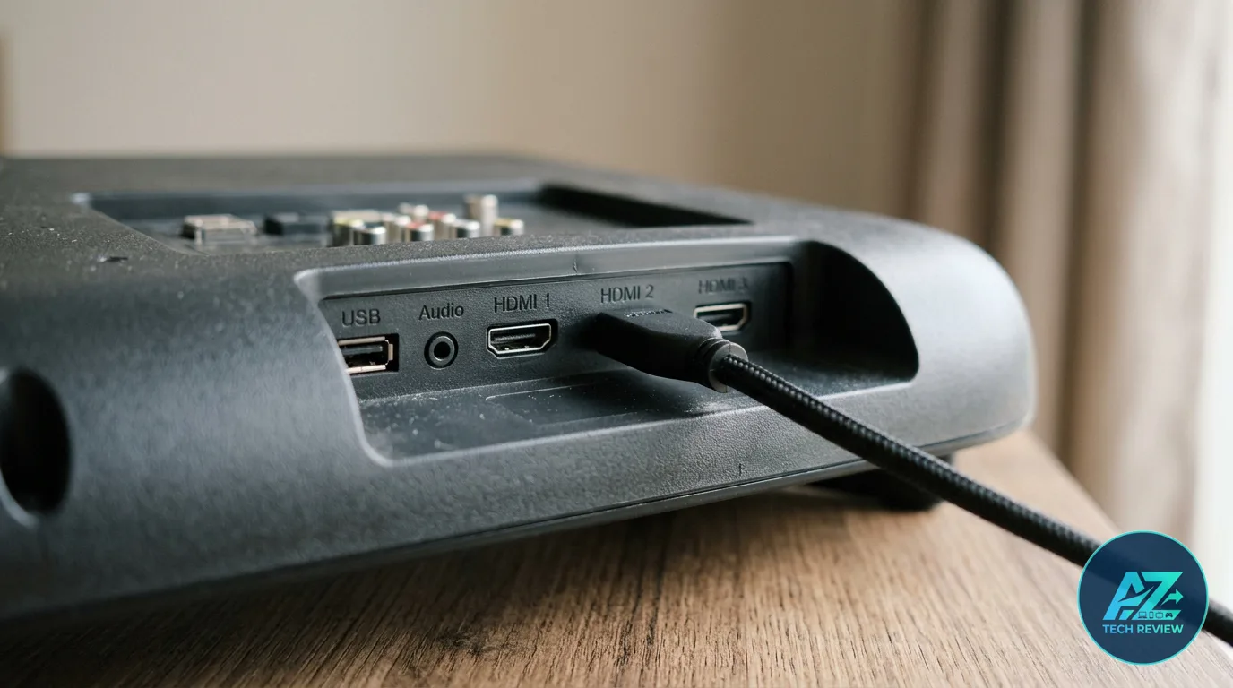 Painel de conexões traseiro de um aparelho eletrônico sobre mesa de madeira, mostrando portas USB, de áudio e três HDMI, com um cabo preto plugado na entrada HDMI 2.