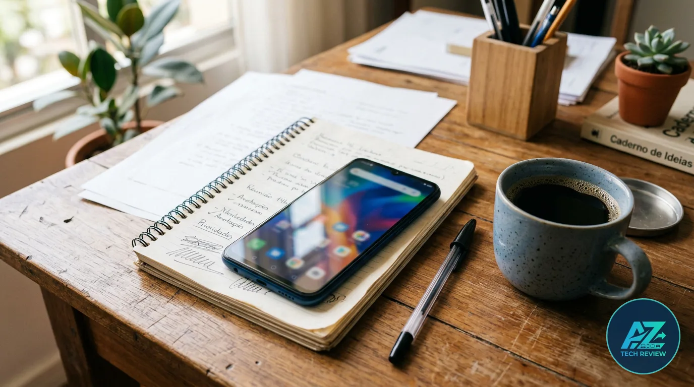 Smartphone ligado apoiado sobre caderno aberto em mesa de madeira, ao lado de caneta e xícara de café sob luz natural.
