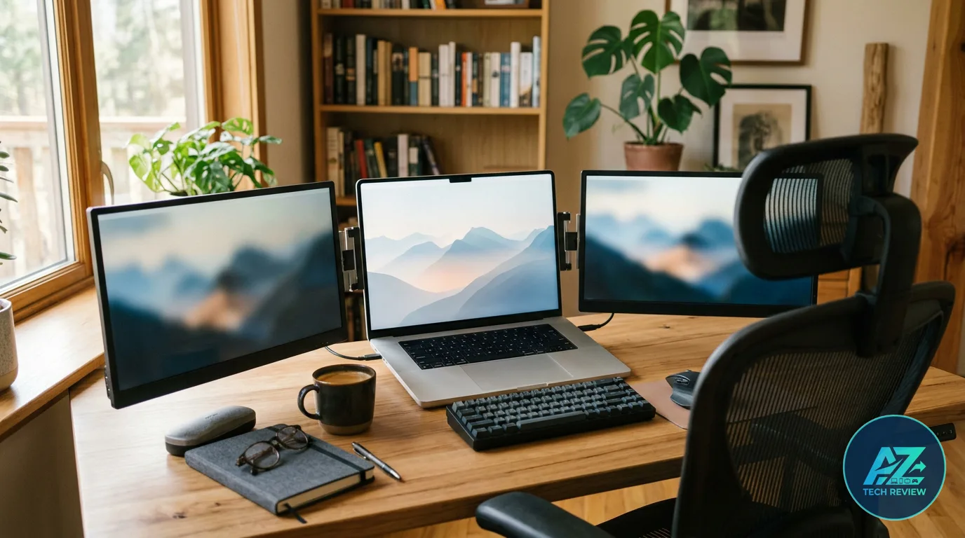 Notebook com duas telas extras acopladas sobre mesa de madeira, junto a teclado, caneca e cadeira de escritório em ambiente iluminado por luz natural.