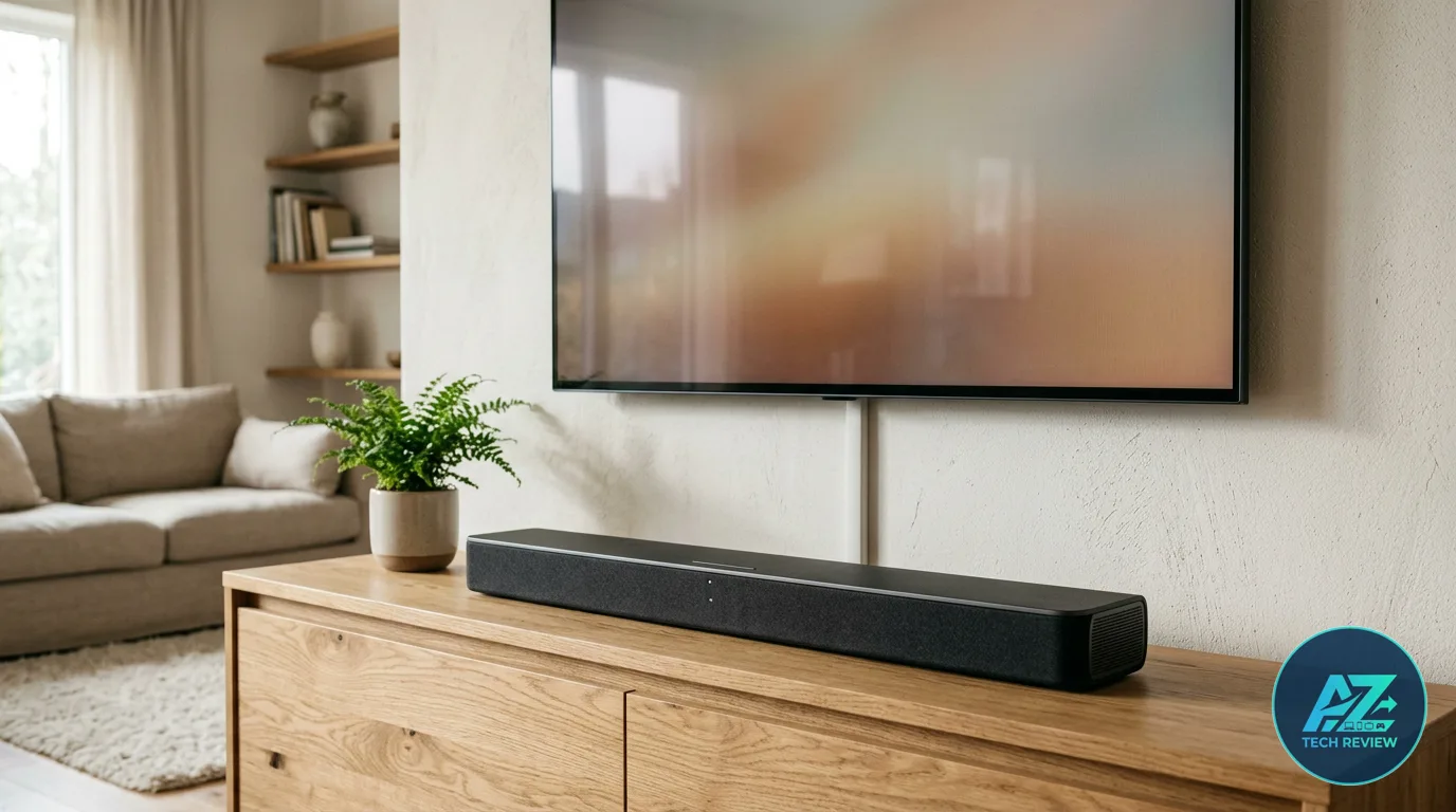 Soundbar preta posicionada sobre um móvel de madeira clara, abaixo de uma TV fixada na parede em uma sala de estar bem iluminada com sofá ao fundo.