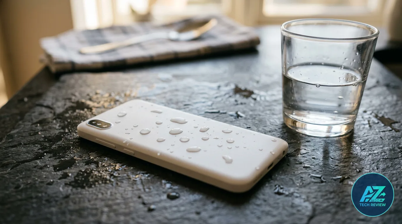 Traseira de um smartphone branco com gotas de água sobre uma bancada escura molhada, ao lado de um copo d'água sob iluminação suave.