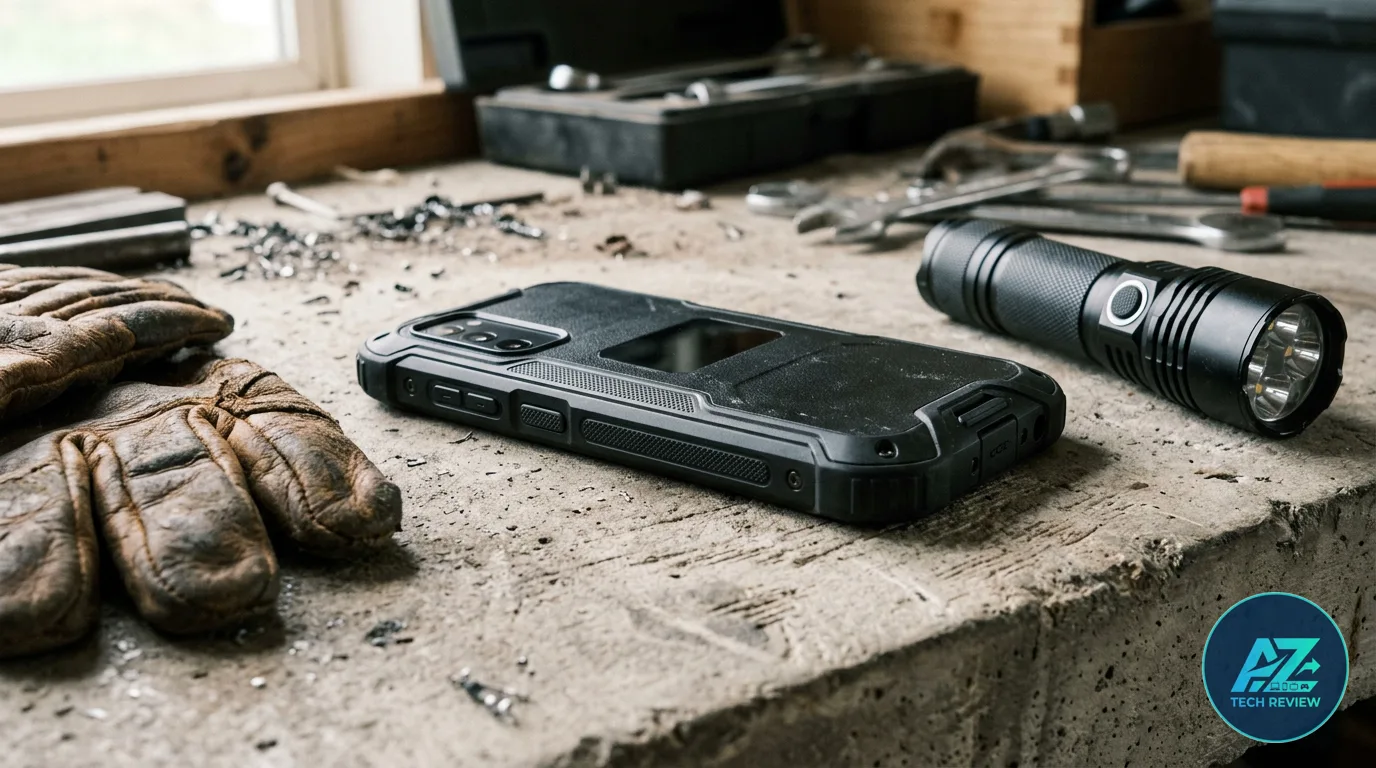 Smartphone robusto pousado sobre bancada rústica de oficina ao lado de luvas de couro e lanterna tática sob iluminação natural.