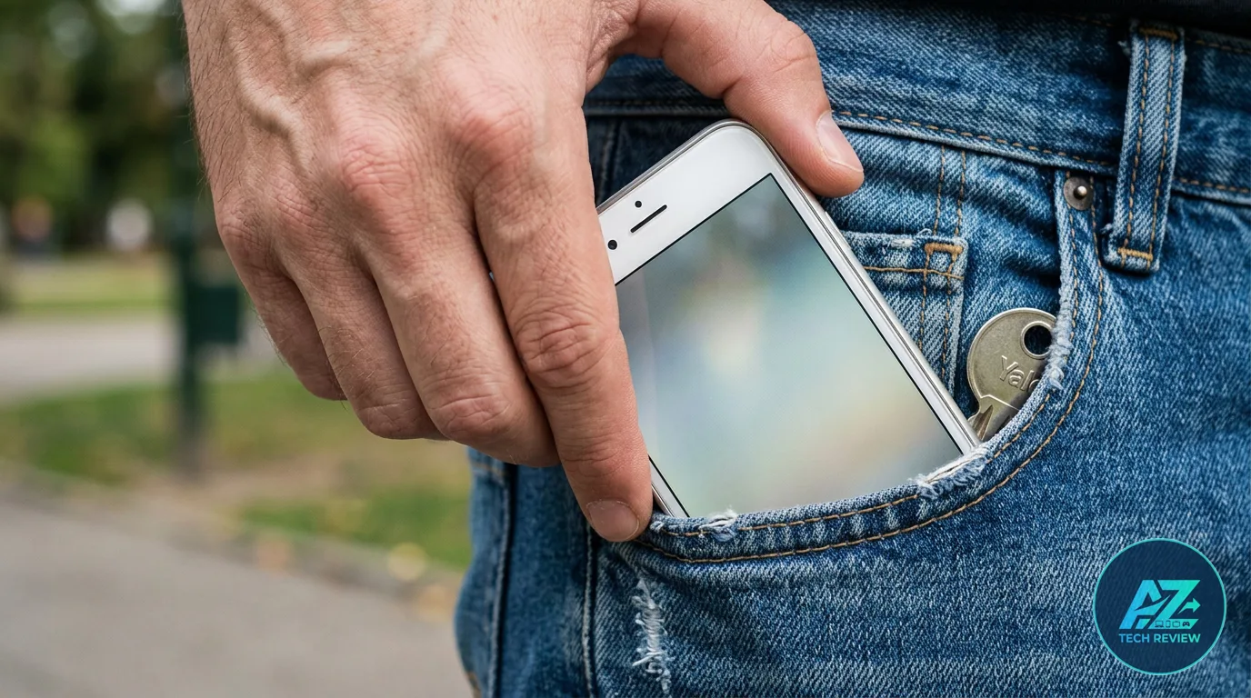 Mão guardando um smartphone branco no bolso de uma calça jeans em ambiente externo durante o dia, com uma chave no bolso menor.