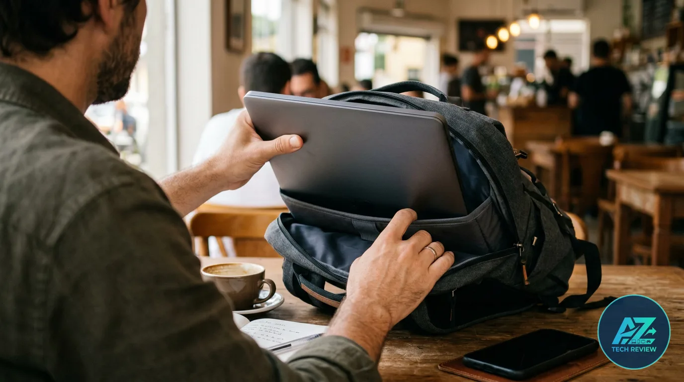 Homem em uma cafeteria guardando ou retirando um notebook cinza fechado de dentro de uma mochila sobre a mesa de madeira.