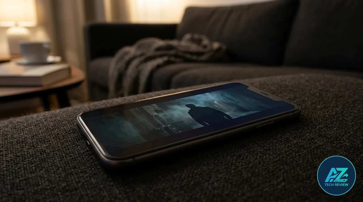 Smartphone repousado sobre estofado escuro em sala à meia-luz, reproduzindo cena noturna e nebulosa na tela.