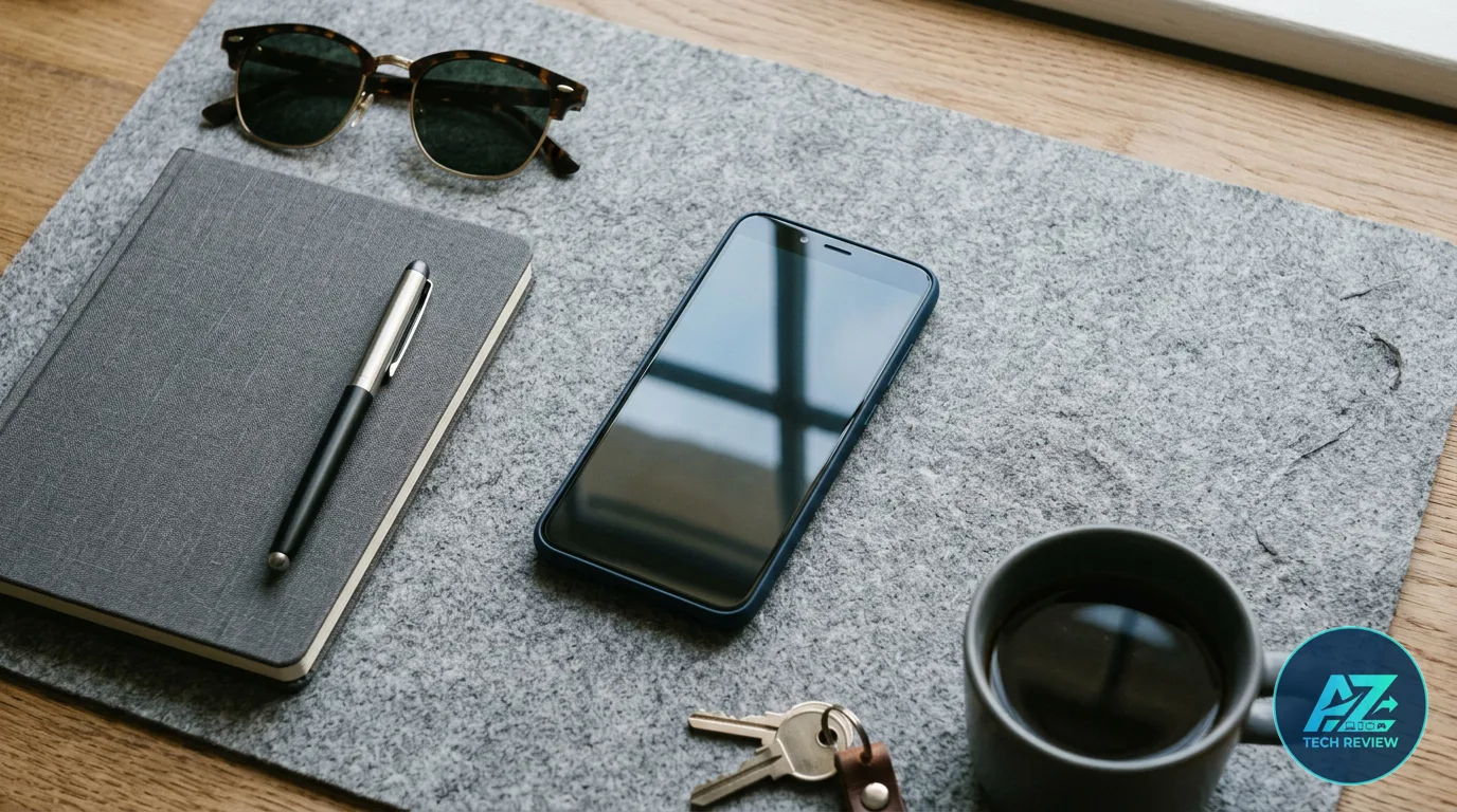 Smartphone com tela apagada sobre tapete de feltro, cercado por caderno com caneta, óculos de sol, chaves e xícara de café numa mesa de madeira.