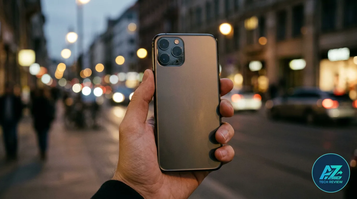 Mão segurando a traseira de um smartphone cinza com três câmeras, com rua da cidade e luzes desfocadas ao fundo durante o entardecer.