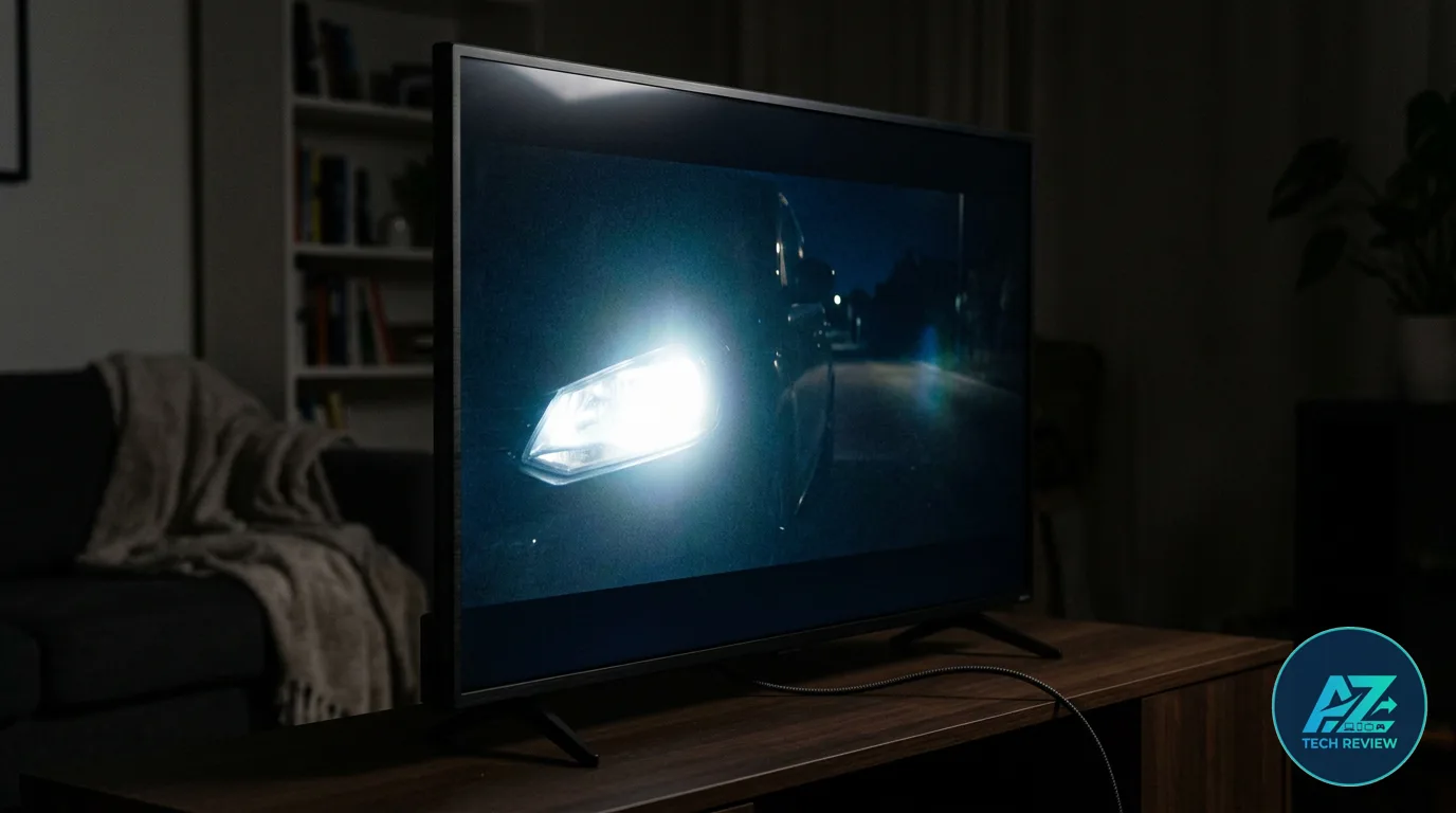 Televisor ligado sobre móvel de madeira em ambiente escuro, exibindo cena noturna com farol aceso de um carro.