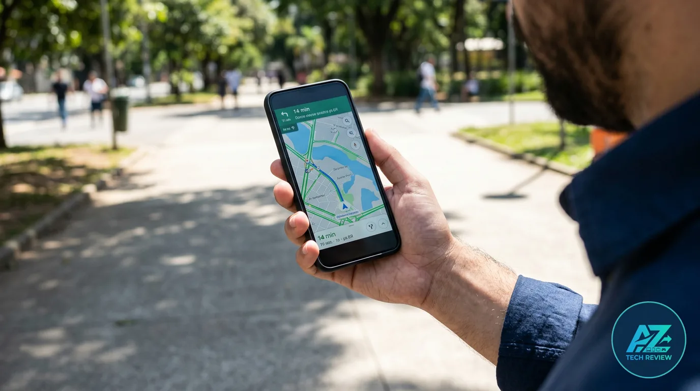 Homem segura celular exibindo aplicativo de mapa sob a luz do sol em uma praça arborizada.