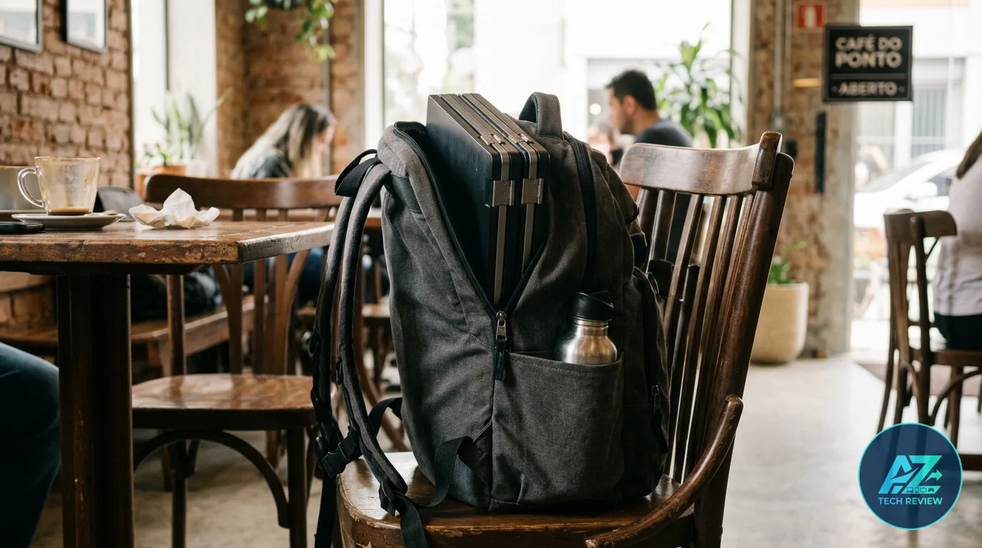 Mochila cinza apoiada em uma cadeira de madeira dentro de um café iluminado, guardando um dispositivo eletrônico espesso e fechado junto a uma garrafa d'água.