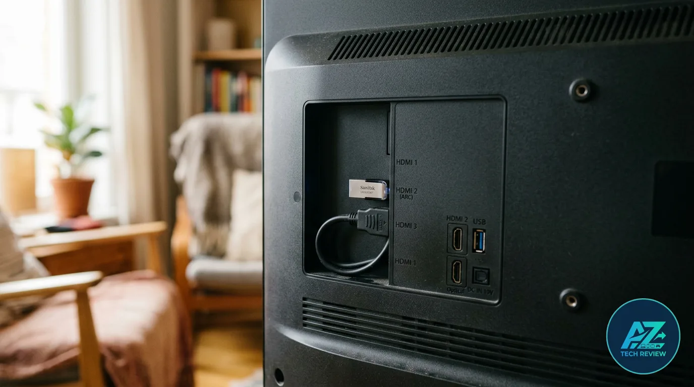 Traseira de uma televisão com cabos e dispositivo USB conectados às portas de entrada, diante de uma sala de estar iluminada.