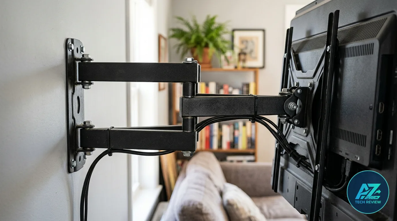 Traseira de televisão presa a um suporte metálico articulado preto fixado na parede, em uma sala iluminada com sofá e estante ao fundo.