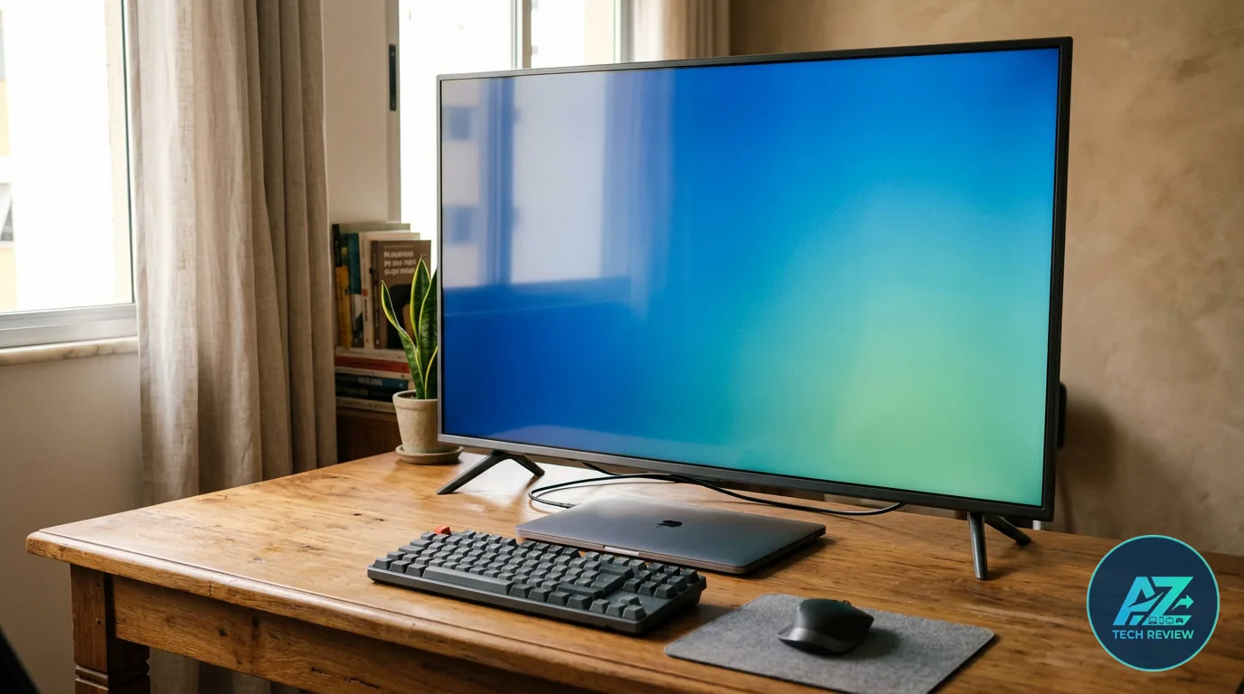 Monitor grande exibindo tela degradê sobre mesa de madeira com notebook fechado, teclado mecânico e mouse em sala iluminada.