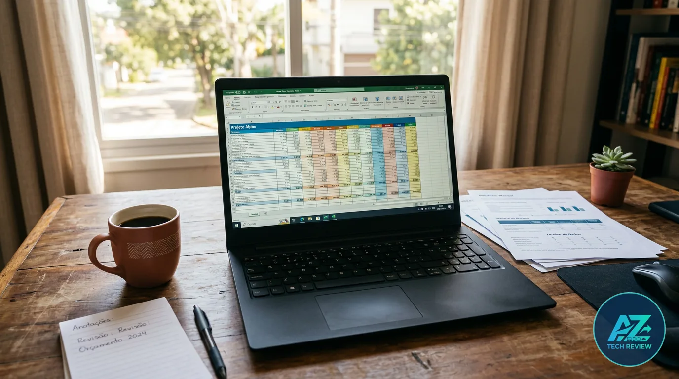 Notebook aberto sobre mesa de madeira exibindo planilha colorida na tela, ao lado de caneca de café, bloco de anotações e documentos próximos a uma janela iluminada.