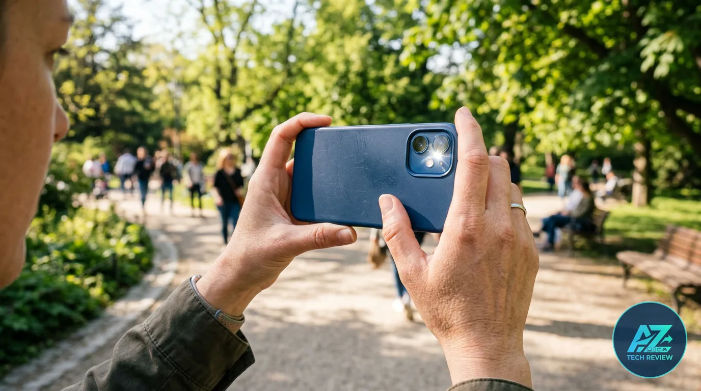 Pessoa segurando celular na horizontal com a traseira azul voltada para frente em um parque ensolarado e arborizado.