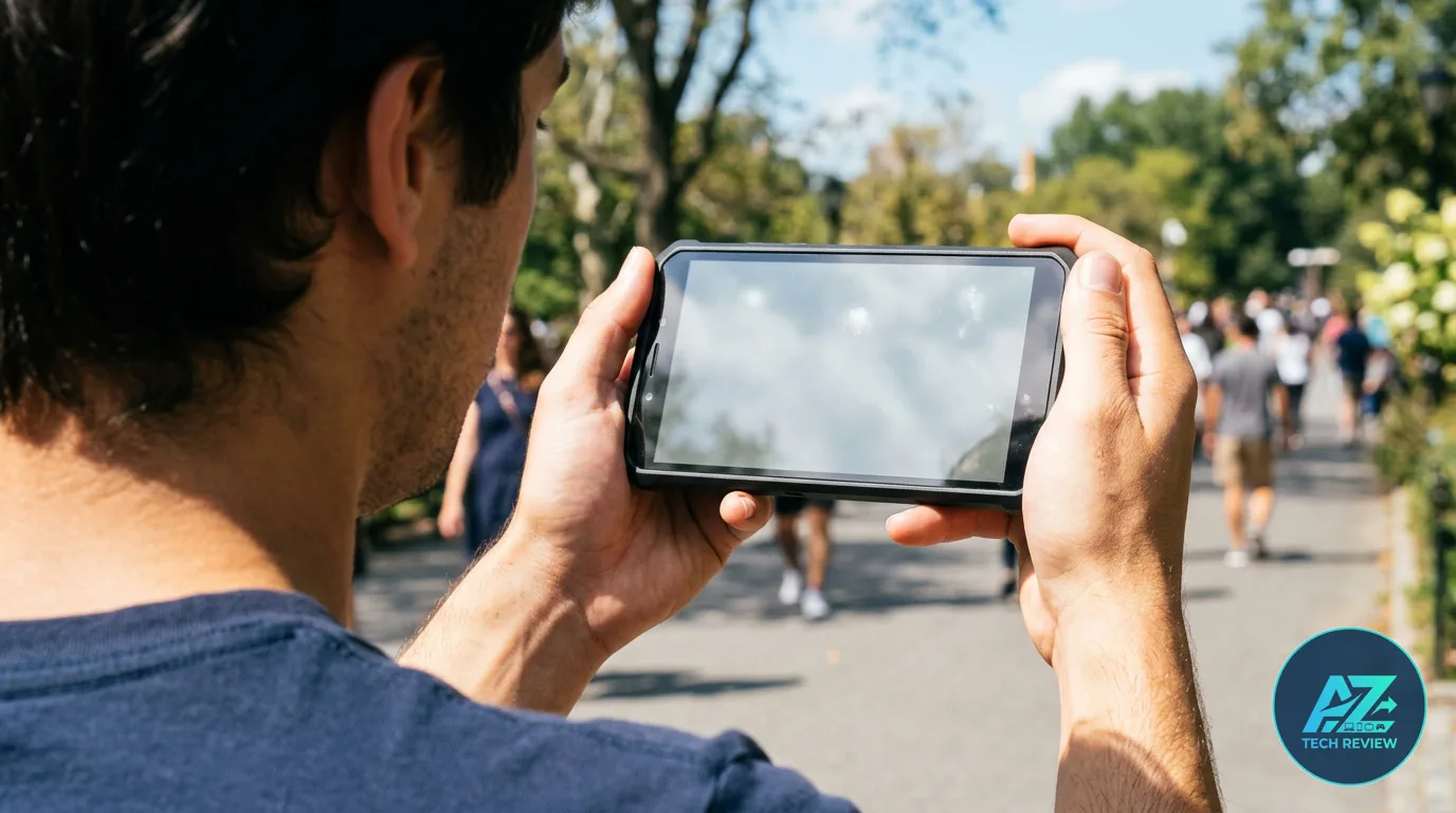 Pessoa segurando celular robusto na horizontal em parque ensolarado, com reflexos na tela e pedestres ao fundo.