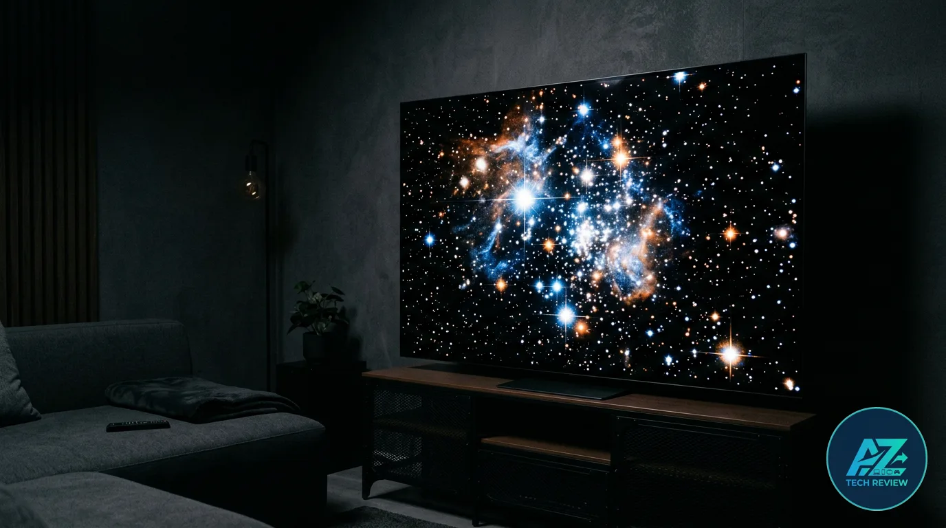 Smart TV ligada sobre rack em sala escura exibindo imagem do espaço sideral com estrelas brilhantes, ao lado de um sofá cinza com controle remoto.