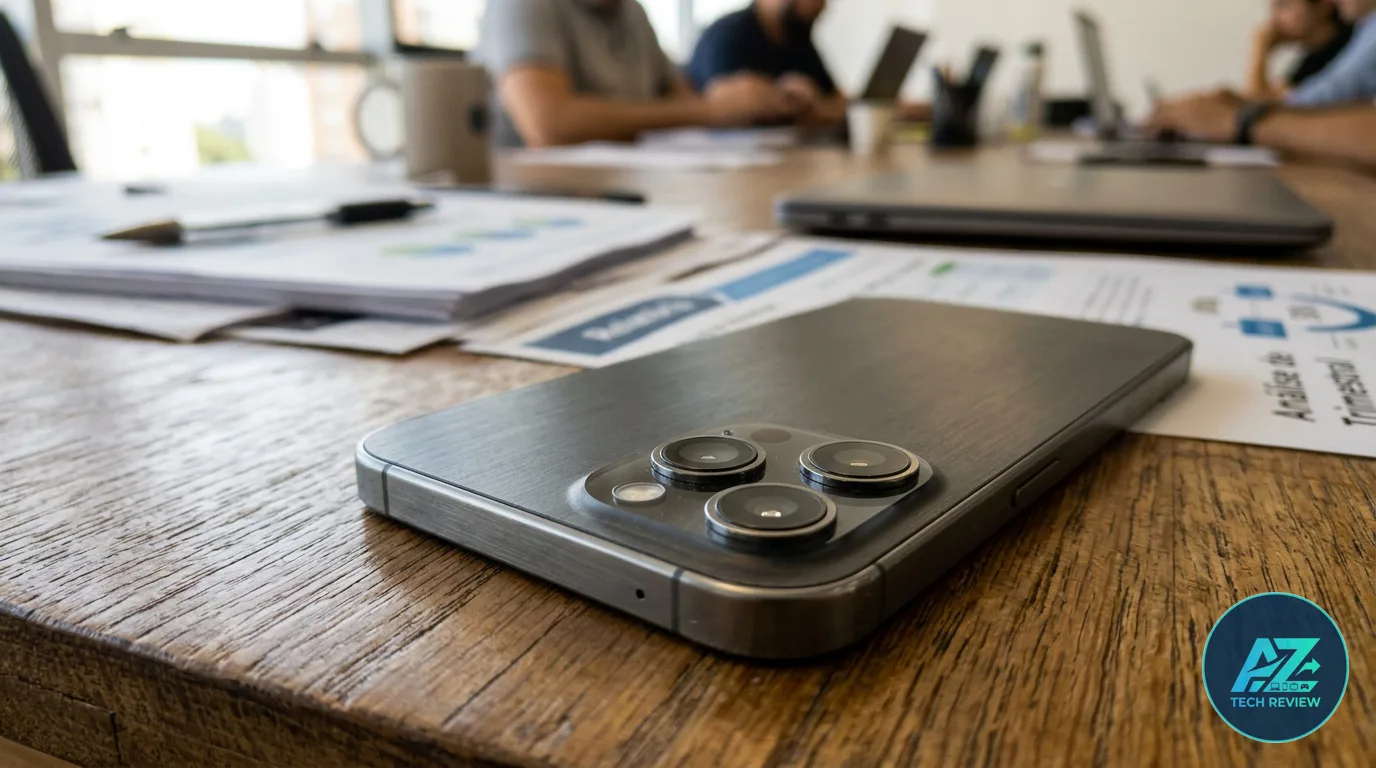 Smartphone com acabamento escovado repousa sobre uma mesa de madeira ao lado de papéis e laptops, em um escritório iluminado.