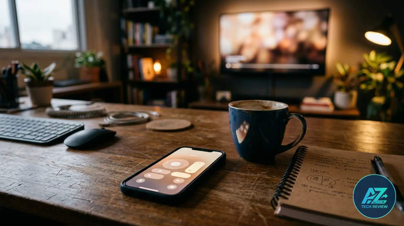 Smartphone sobre mesa de madeira exibindo interface de controle, ao lado de caneca, teclado e caderno, com TV ao fundo em ambiente aconchegante.