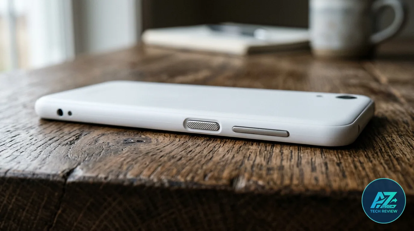 Smartphone branco apoiado sobre mesa de madeira rústica, exibindo a lateral com botões físicos e a tampa traseira sob luz natural suave.