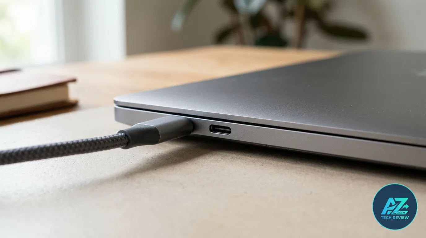 Notebook fechado sobre mesa de madeira, com cabo trançado conectado a uma de suas portas USB-C laterais sob luz natural difusa.