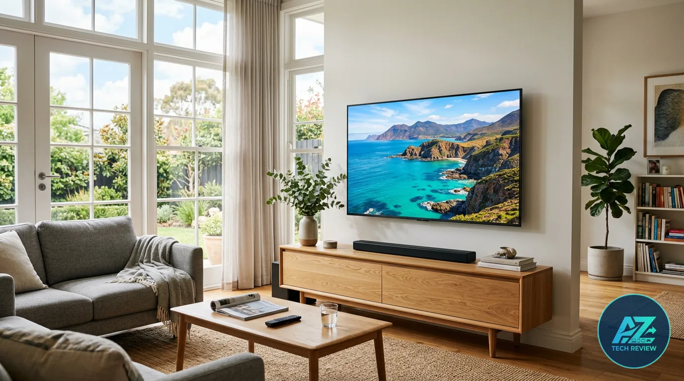 Sala de estar iluminada com TV fixada na parede exibindo paisagem litorânea, soundbar sobre aparador de madeira e sofá cinza diante de janelas amplas.