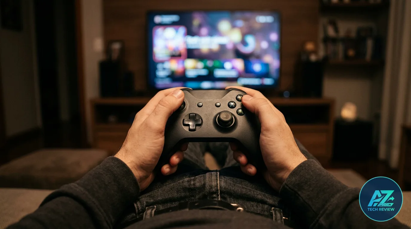 Pessoa segurando um controle de videogame com as duas mãos em frente a uma televisão ligada em uma sala com iluminação suave.
