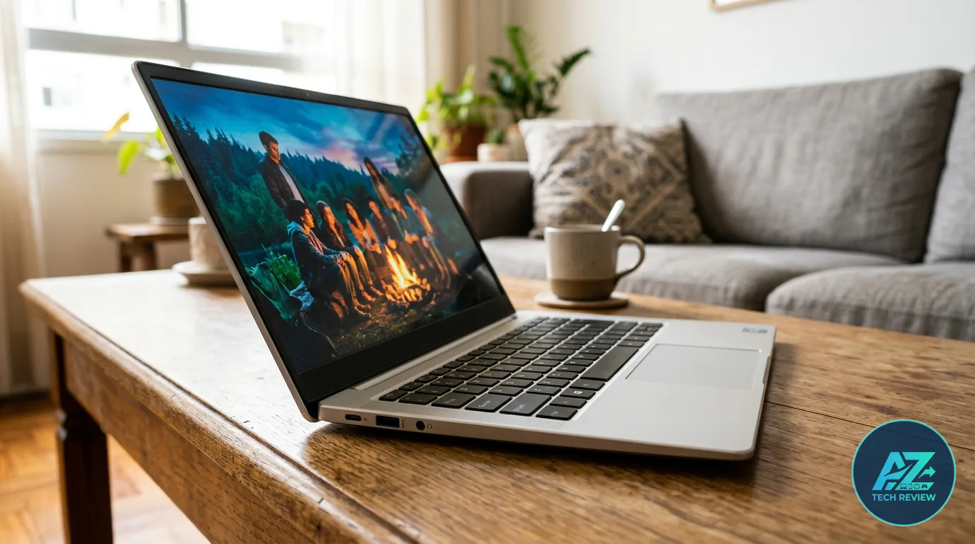 Notebook aberto sobre mesa de madeira em sala iluminada, exibindo pessoas ao redor de uma fogueira na tela, com caneca e sofá ao fundo.