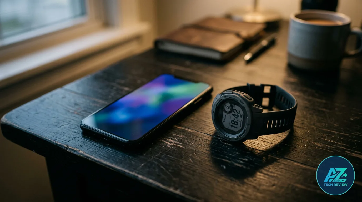 Smartphone com tela ligada e relógio esportivo digital pousados sobre mesa de madeira escura ao lado de caderno e caneca, com luz suave de janela ao fundo.