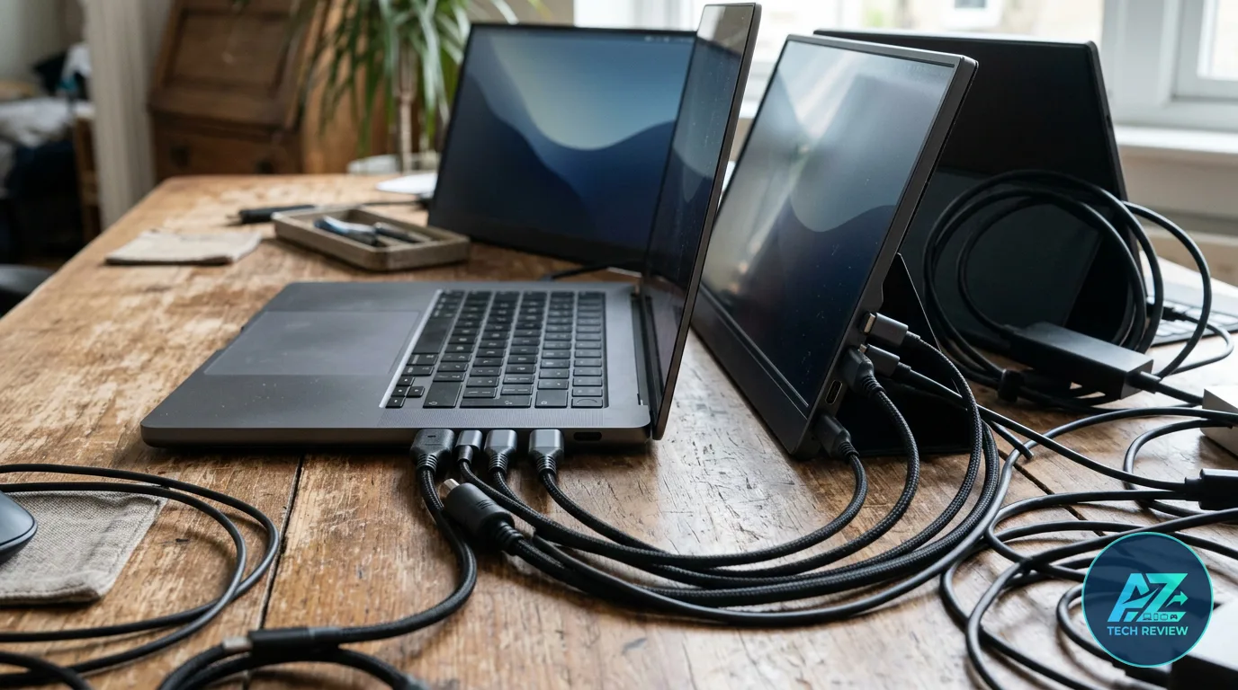 Notebook aberto sobre mesa de madeira conectado a monitores portáteis por diversos cabos pretos entrelaçados sob iluminação natural.