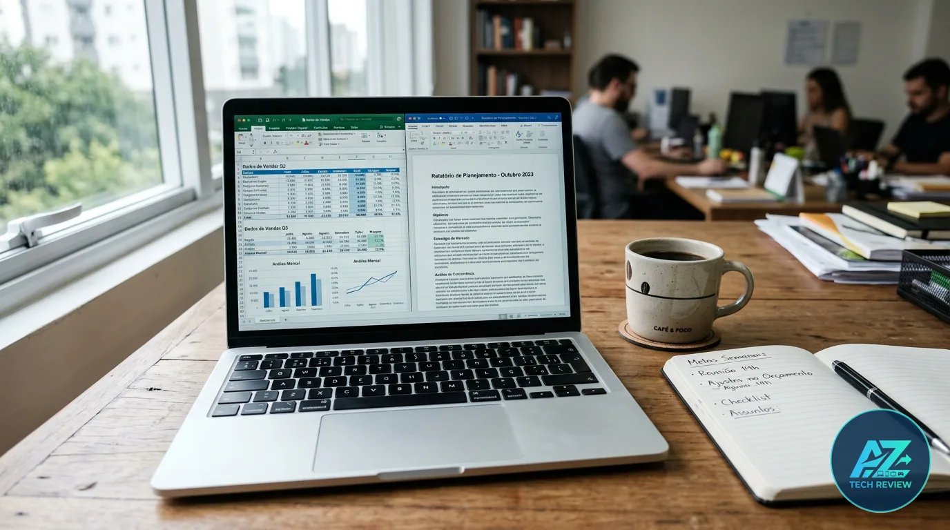 Laptop aberto sobre mesa de madeira exibindo documentos e planilhas, acompanhado por xícara de café e bloco de notas em escritório iluminado com pessoas ao fundo.