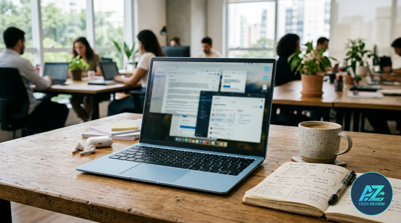 Notebook aberto sobre mesa de madeira em escritório compartilhado iluminado, com fones de ouvido, xícara de café e caderno de anotações ao lado, e pessoas ao fundo.