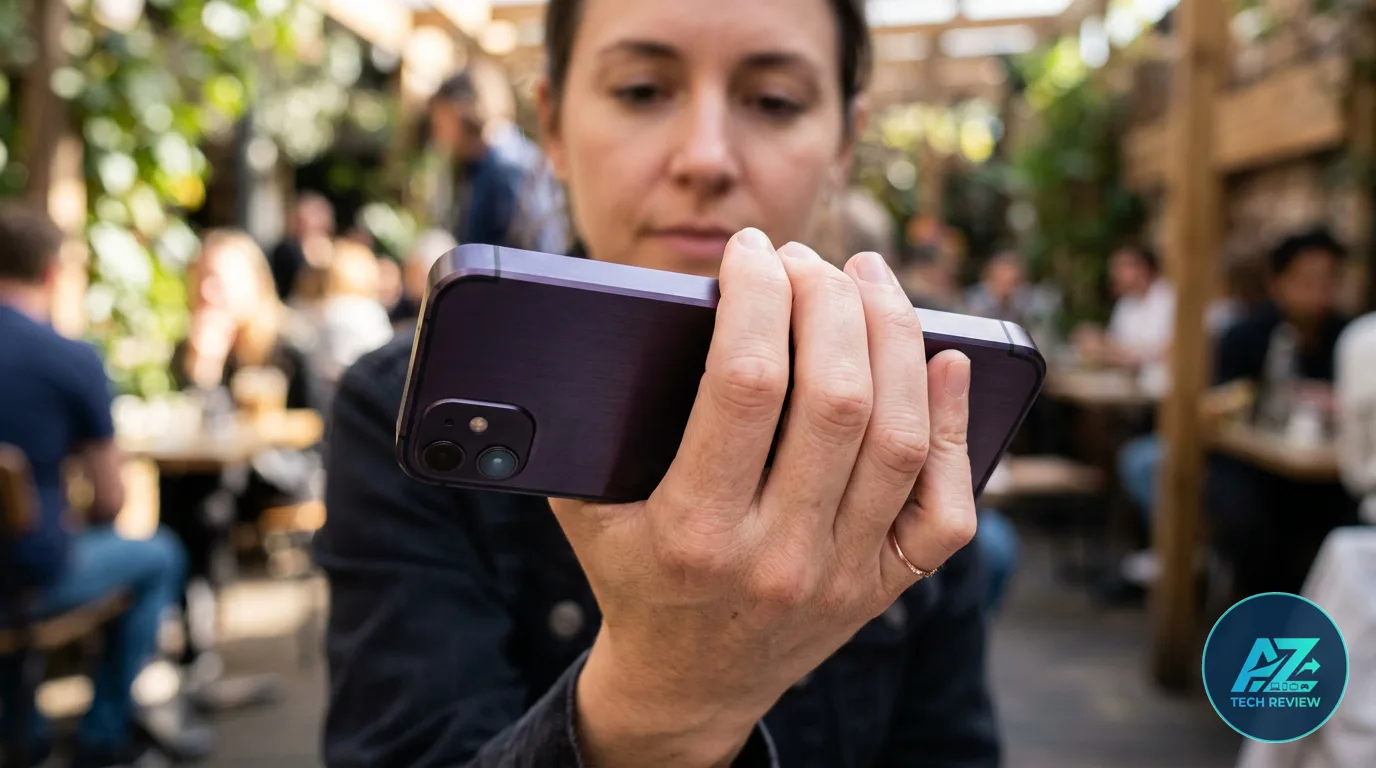 Mulher segura smartphone roxo na horizontal, mostrando a carcaça traseira e as câmeras, em restaurante movimentado à luz do dia.