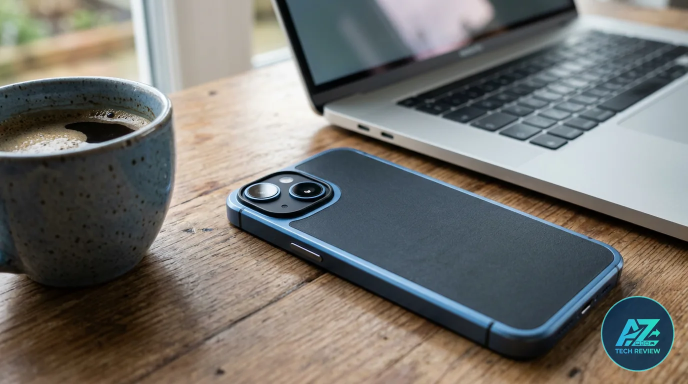 Smartphone com bordas azuis e traseira preta apoiado em mesa de madeira, posicionado ao lado de uma xícara de café e de um notebook aberto sob luz natural.
